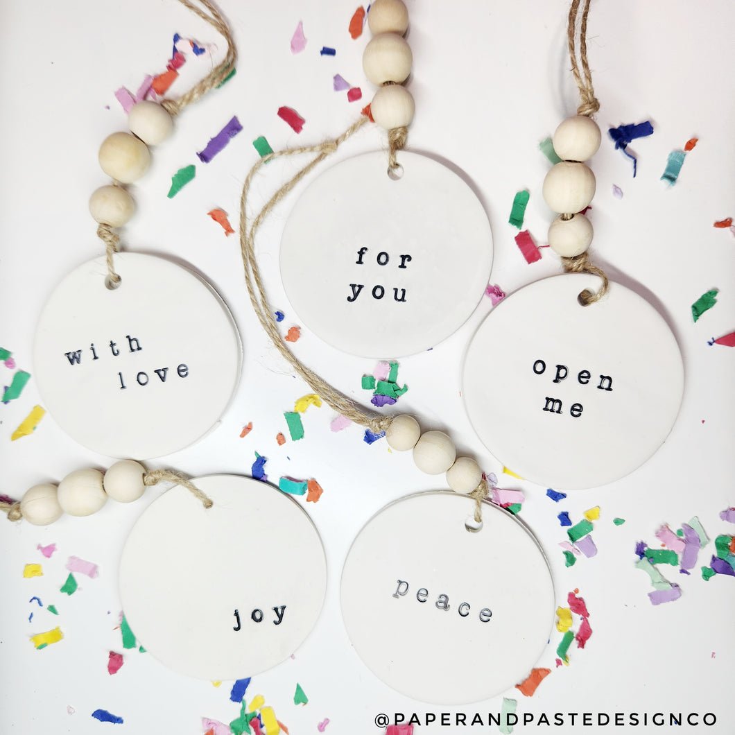 Gift Tags:  Holiday Round Clay Tags- READY TO SHIP
